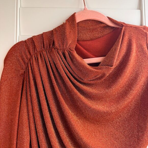 ChicWish Lurex Draped Asymmetrical Long Sleeve Top in Metallic Orange size Large - Picture 6 of 10